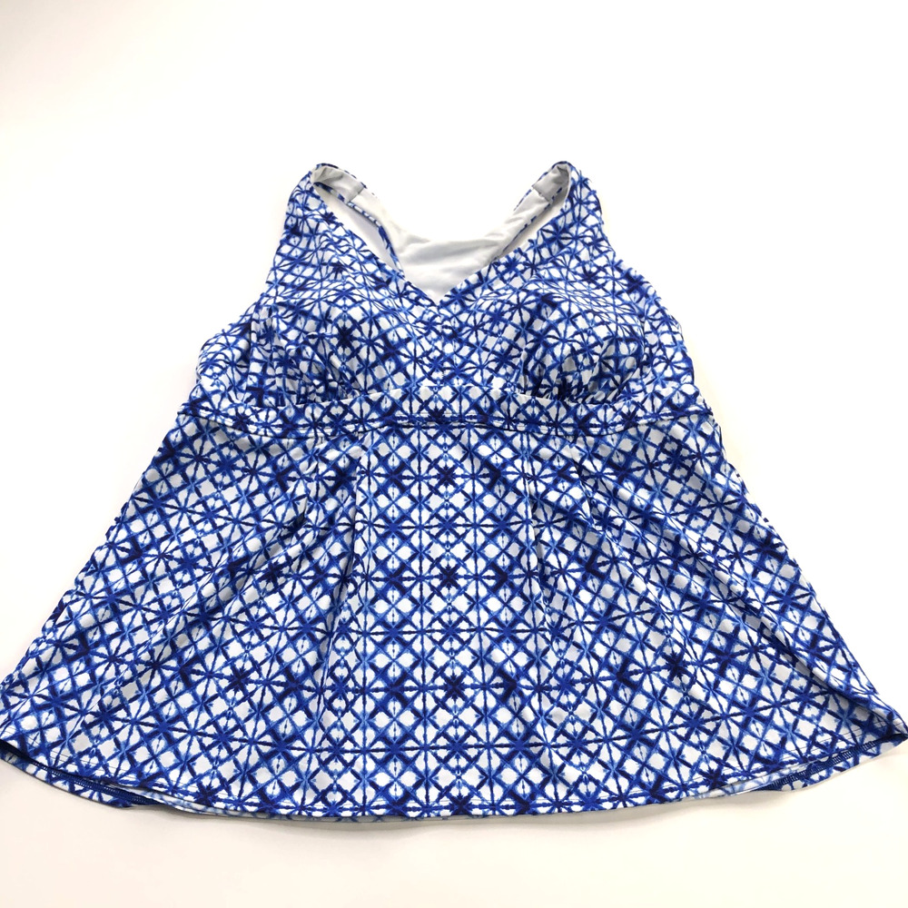 Lands End Plus 20W V-Neck Shelf Bra Tankini Top Swim Navy Blue Medallion